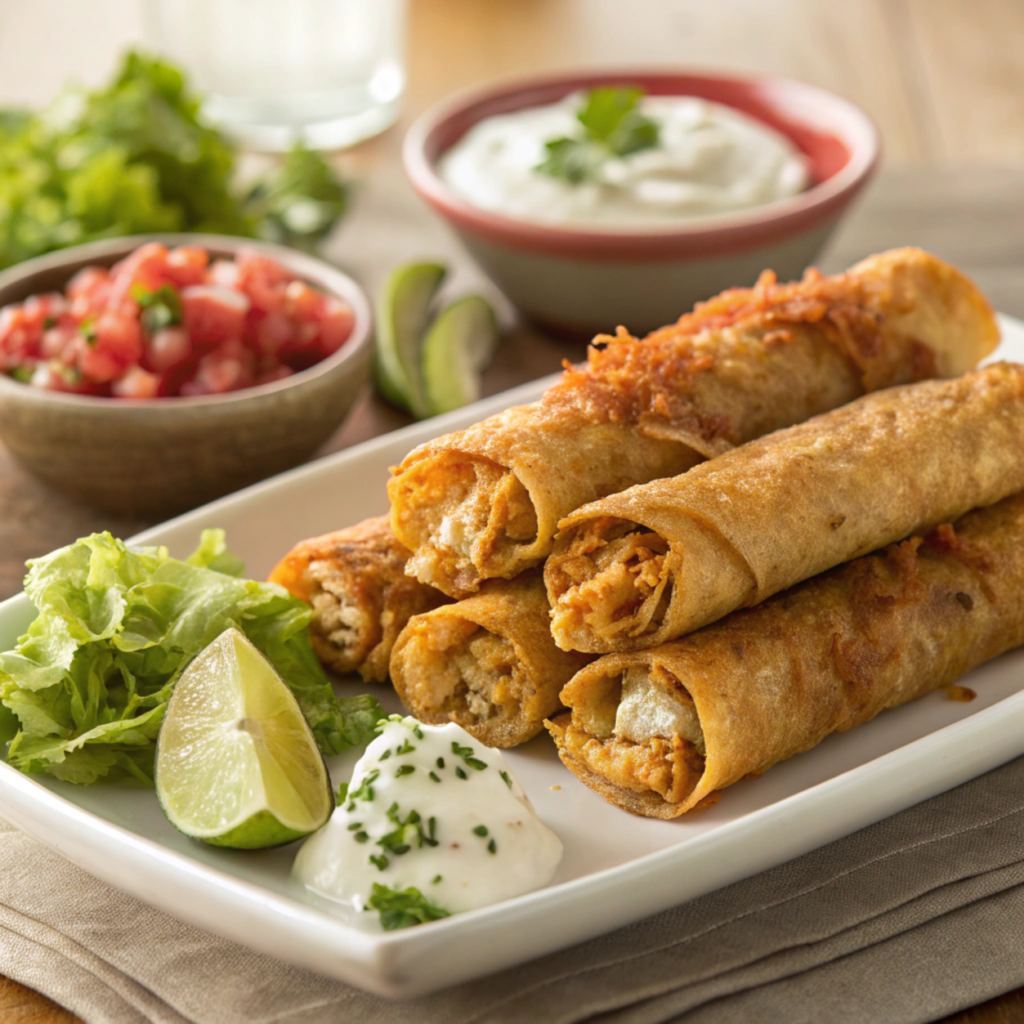 Crispy chicken taquitos with guacamole, sour cream, and pico de gallo on a rustic plate.