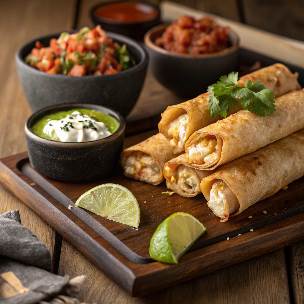 Crispy flautas and taquitos filled with seasoned chicken, served with salsa and garnished with fresh herbs.