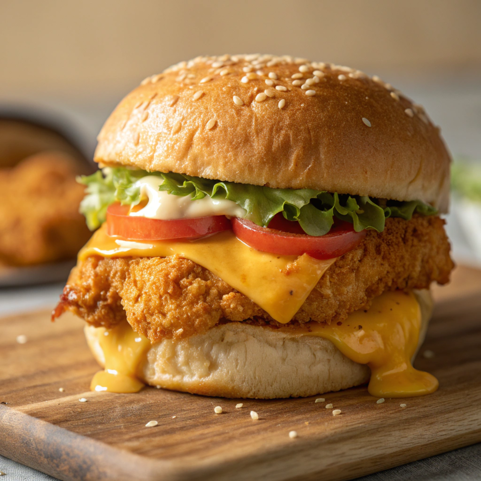 Close-up of a crispy cornflake-coated chicken burger with melted cheese, lettuce, tomato, and mayo on a soft brioche bun.