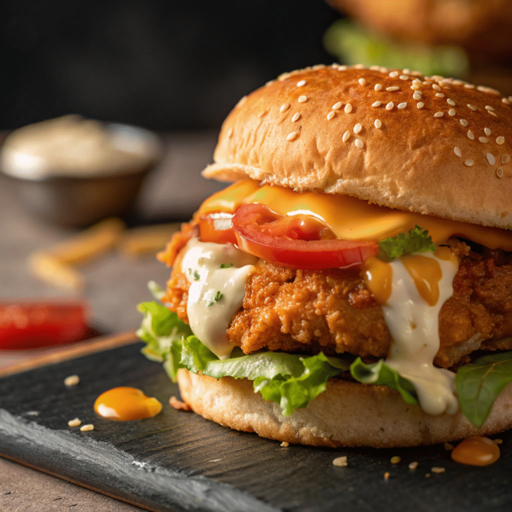 Close-up of a crispy McDonald’s-style chicken burger with melted cheese, lettuce, tomato, and creamy sauce on a sesame seed bun.
