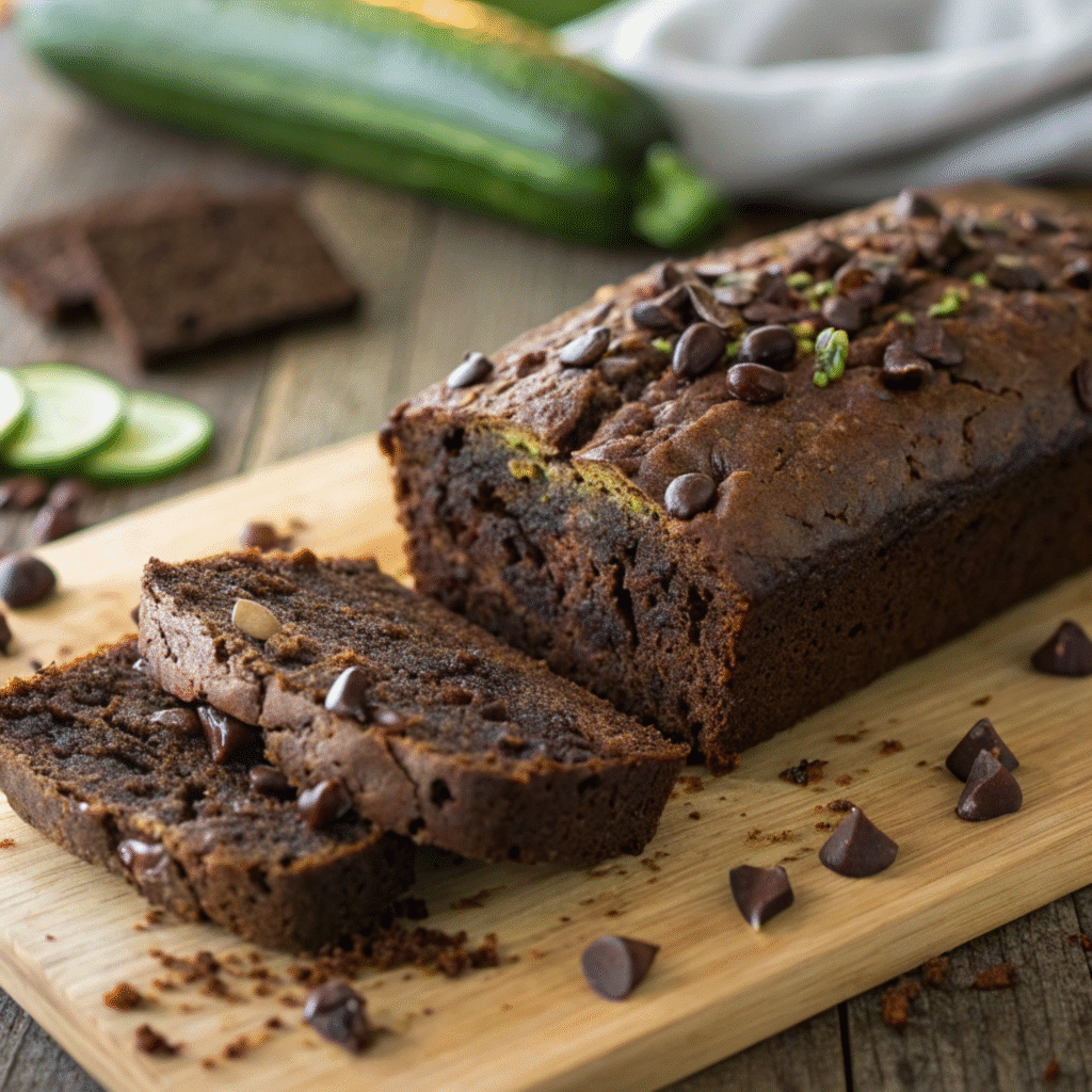 Freshly baked chocolate zucchini bread sliced to reveal a moist interior, surrounded by chocolate chips and grated zucchini.