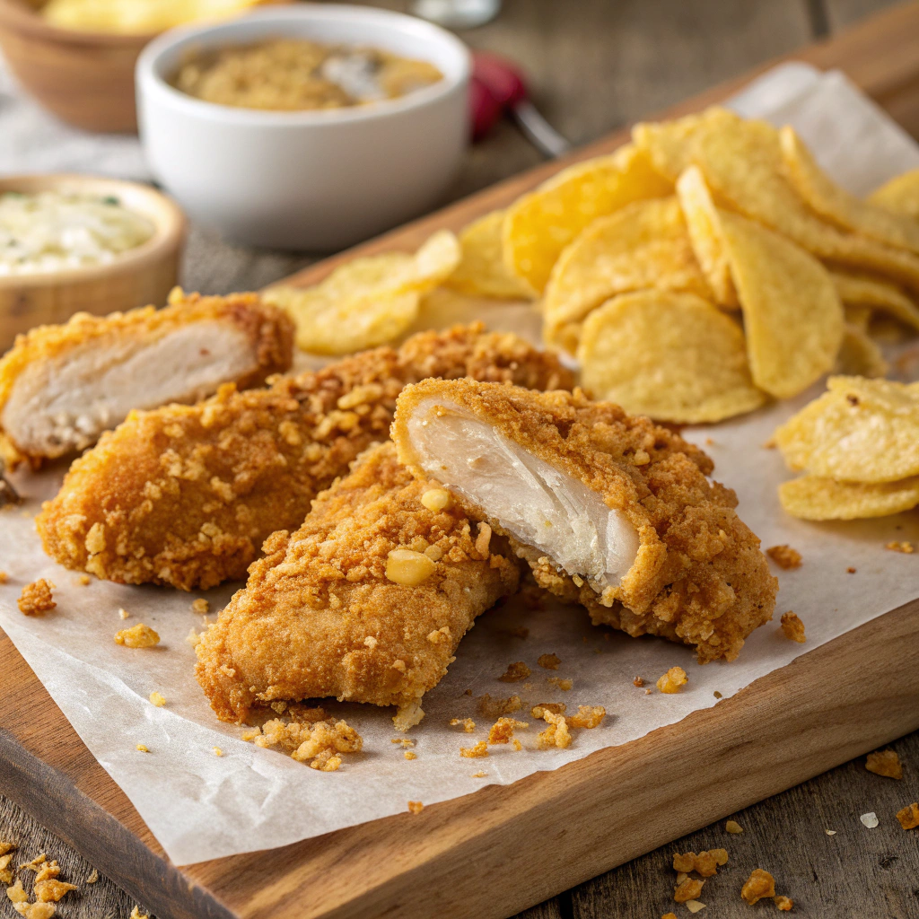 Close-up of crispy chicken tenders with different coatings like panko, breadcrumbs, crackers, and chips, showing crunchy golden textures
