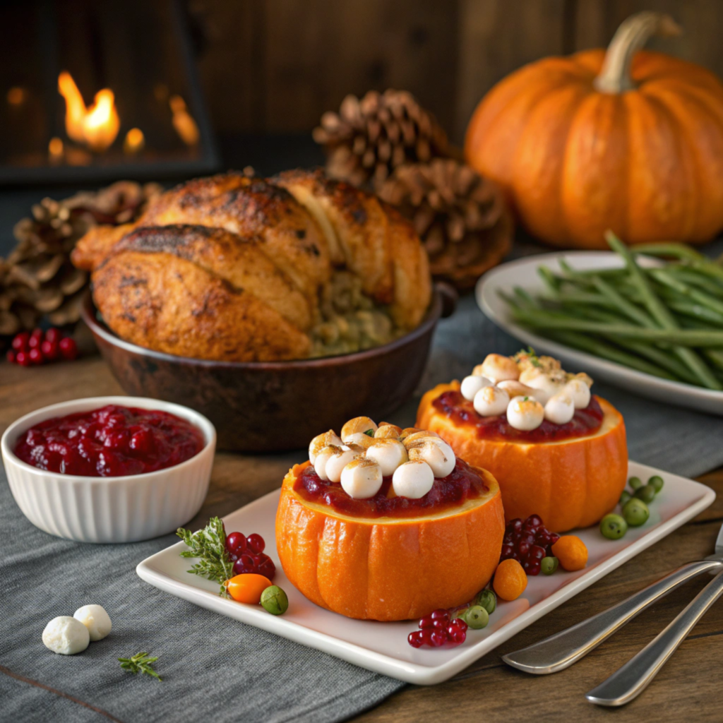Glazed yams shaped like mini pumpkins with toasted marshmallows on top, set on a Thanksgiving table with roast turkey, green beans, cranberry sauce, pumpkins, and autumn leaves.