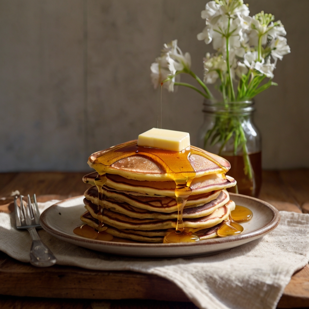 A stack of golden homemade pancakes with butter melting on top, a drizzle of maple syrup, and a loving grandma’s hand placing the plate on a rustic table.