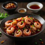 A close-up of Szechwan Shrimp in a glossy, spicy red sauce with dried chilies, Sichuan peppercorns, and green onions, served in a black bowl.