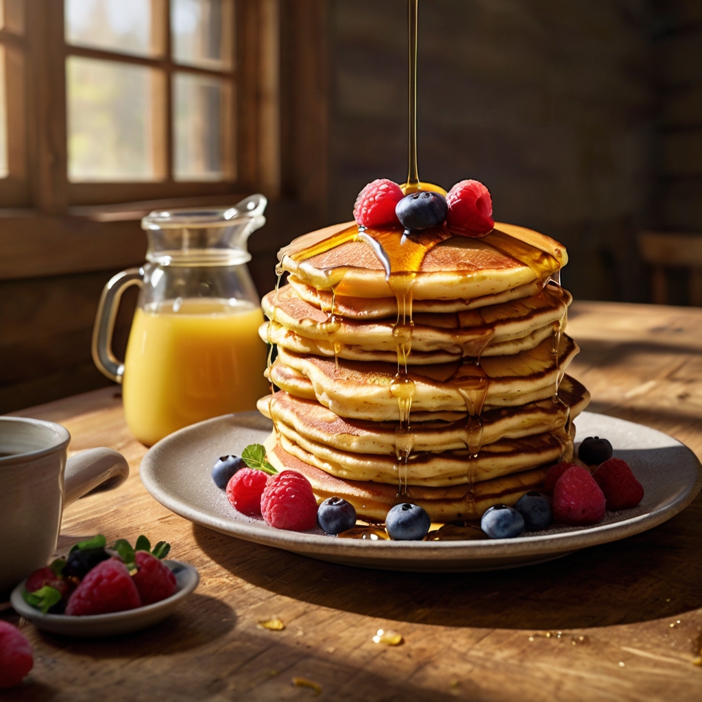 Stack of fluffy pancakes topped with butter and maple syrup.