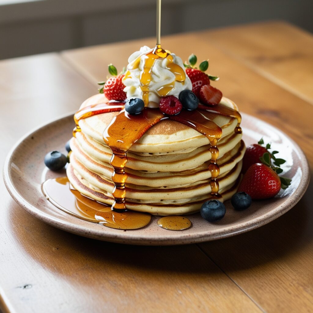 A stack of old-fashioned pancakes on a rustic ceramic plate, topped with maple syrup, whipped cream, and fresh berries.