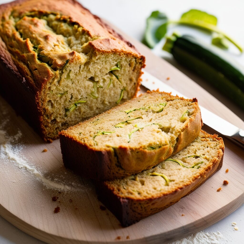 Close-up of a freshly baked zucchini bread loaf with golden crust and visible green zucchini flecks on a wooden board.