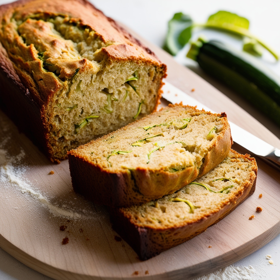 Close-up of a freshly baked zucchini bread loaf with golden crust and visible green zucchini flecks on a wooden board.