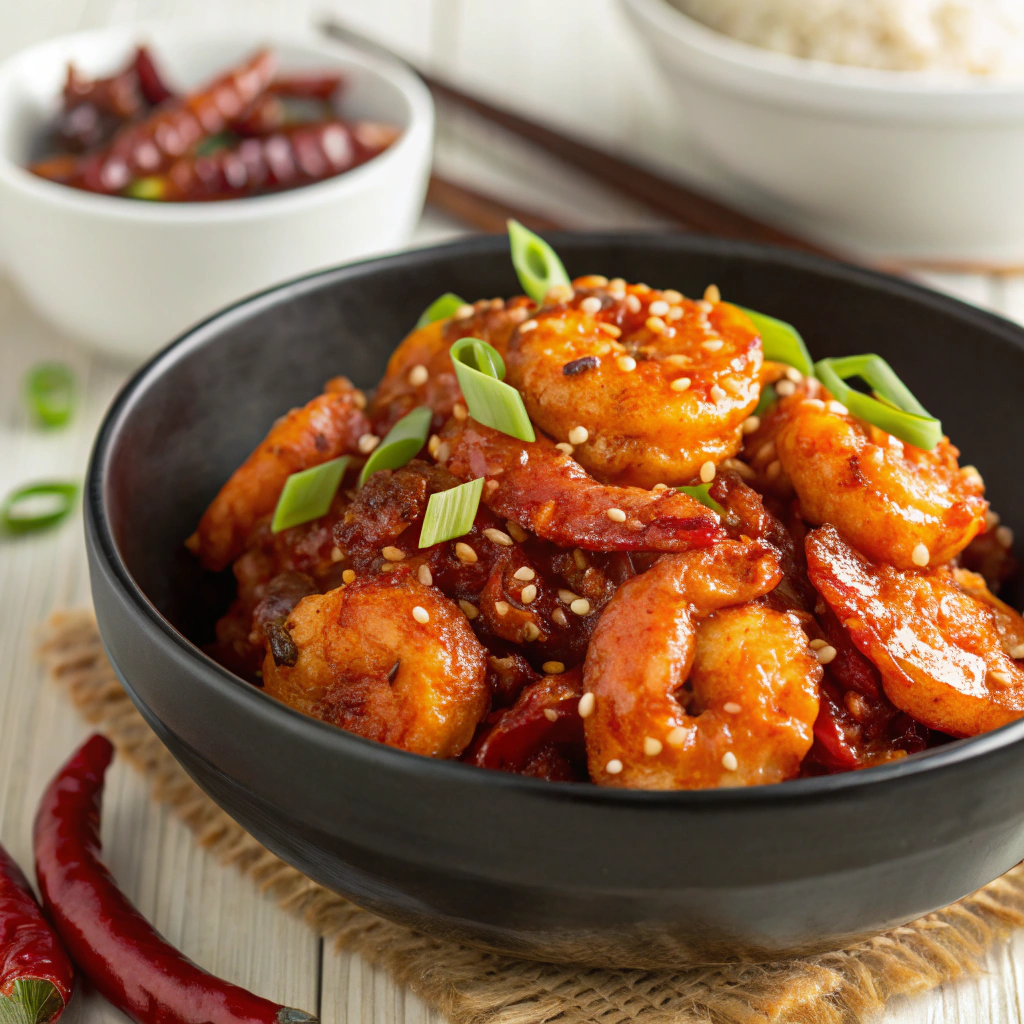 A close-up of spicy Szechuan shrimp coated in a glossy red sauce, garnished with green onions and sesame seeds, served in a black bowl with a side of white rice.