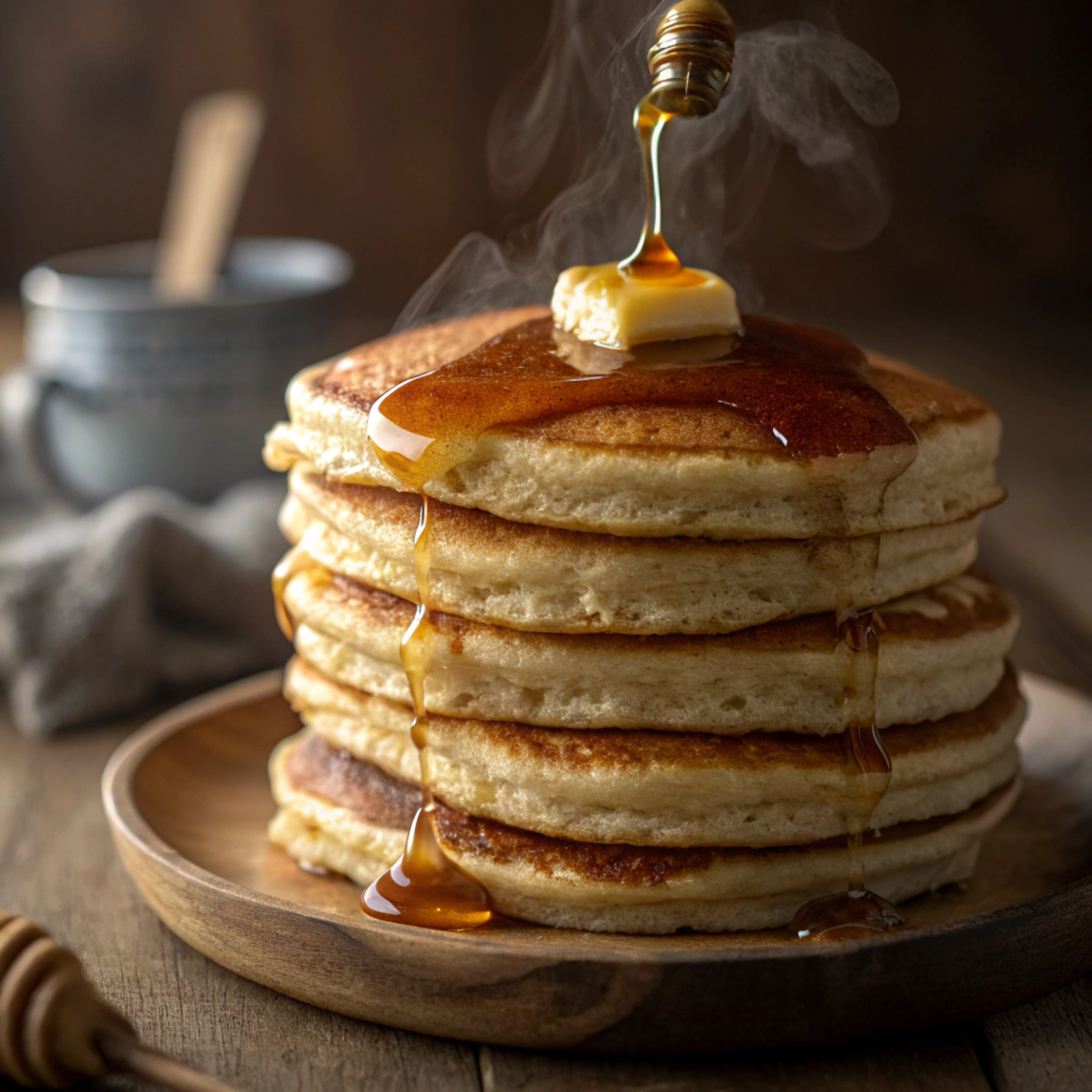 A stack of old-fashioned pancakes on a rustic ceramic plate, topped with maple syrup, whipped cream, and fresh berries.