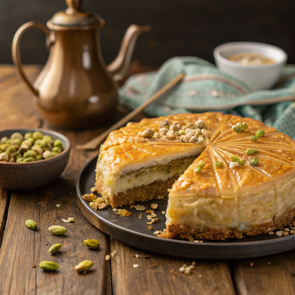 A delicious Baklava Cheesecake with a golden, flaky phyllo crust, drizzled with honey and topped with crushed pistachios.