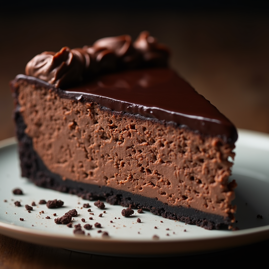 Extreme close-up of Death by Chocolate Cheesecake with glossy ganache and rich chocolate layers, no cracks visible