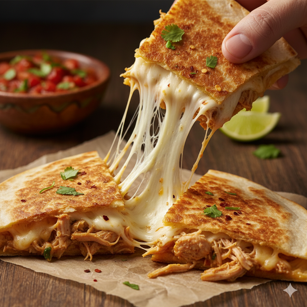 Cheesy Chicken Quesadillas served hot with melted cheese and salsa