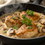 Creamy mushroom chicken in a rich creamy sauce with sautéed mushrooms and fresh parsley, served in a skillet.