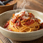 Simple Amatriciana pasta with crispy guanciale, rich tomato sauce, and pecorino cheese ultra-realistic close-up.