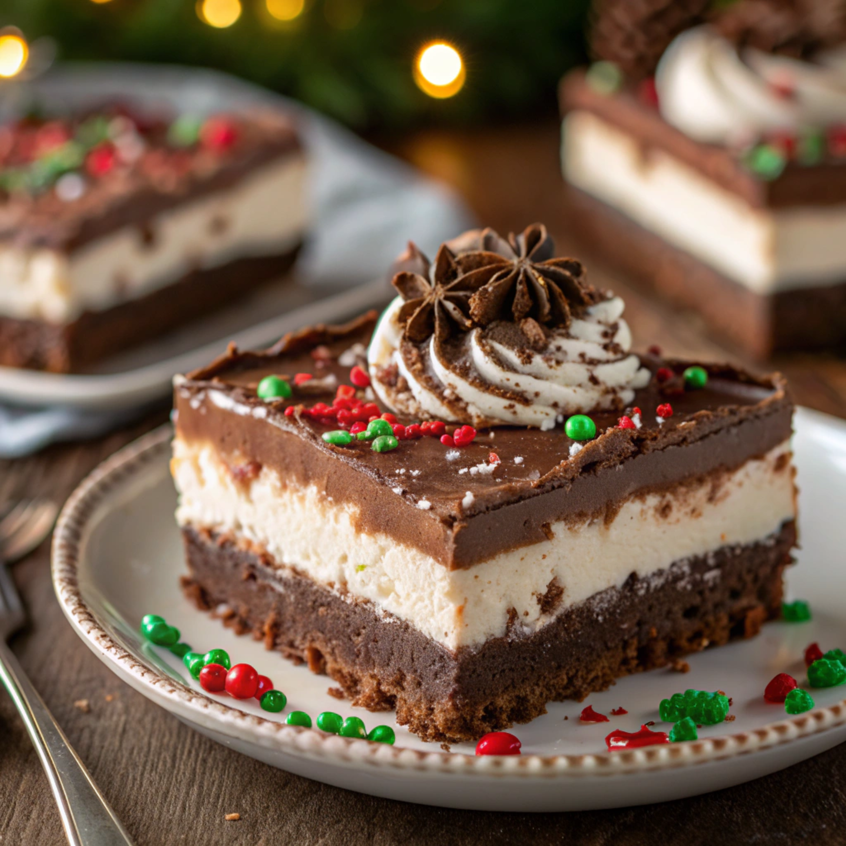 No-bake Christmas dessert lasagna with creamy chocolate and cheesecake layers