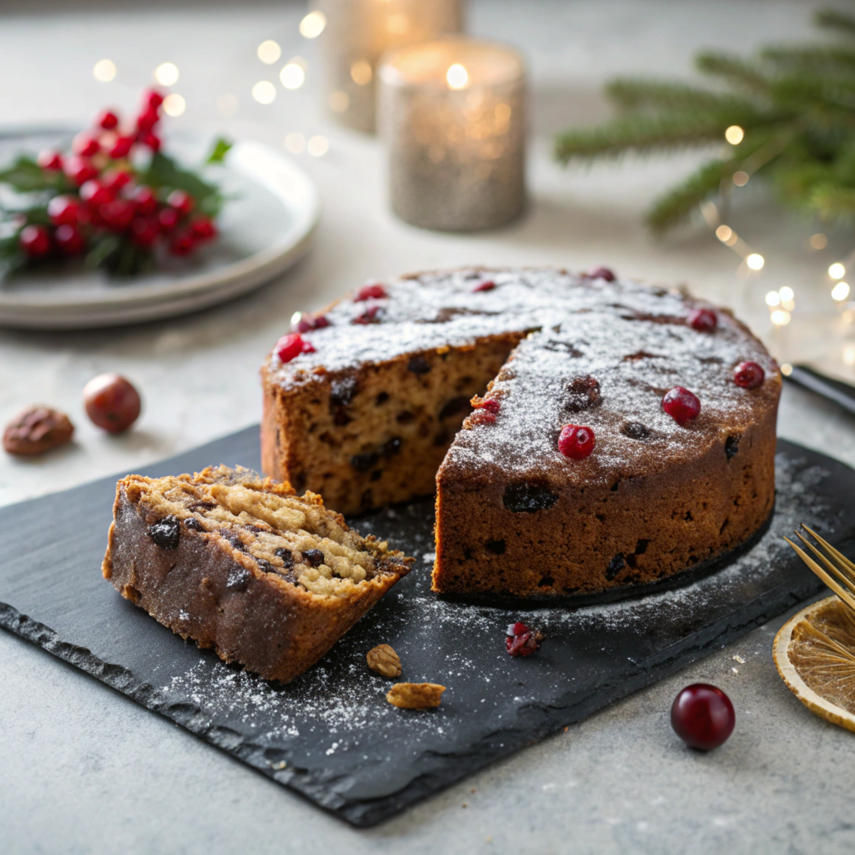 Authentic Christmas cake with rich dried fruit and dark crumb