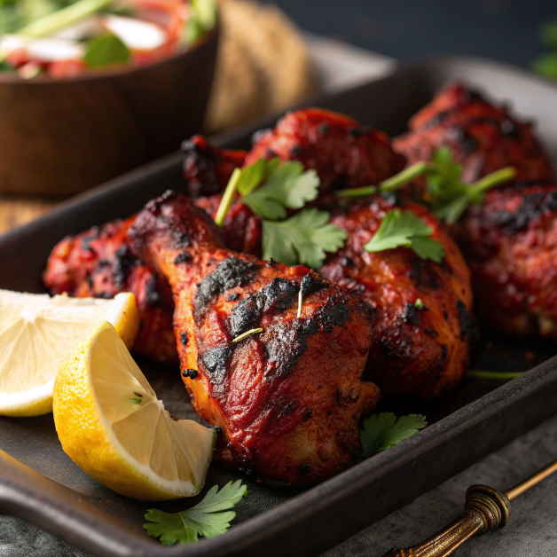 Close-up of authentic tandoori chicken with charred red marinade, garnished with fresh coriander and lemon wedges.