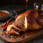 Hot honey half-roast chicken with crispy caramelized skin and glossy sweet-spicy glaze