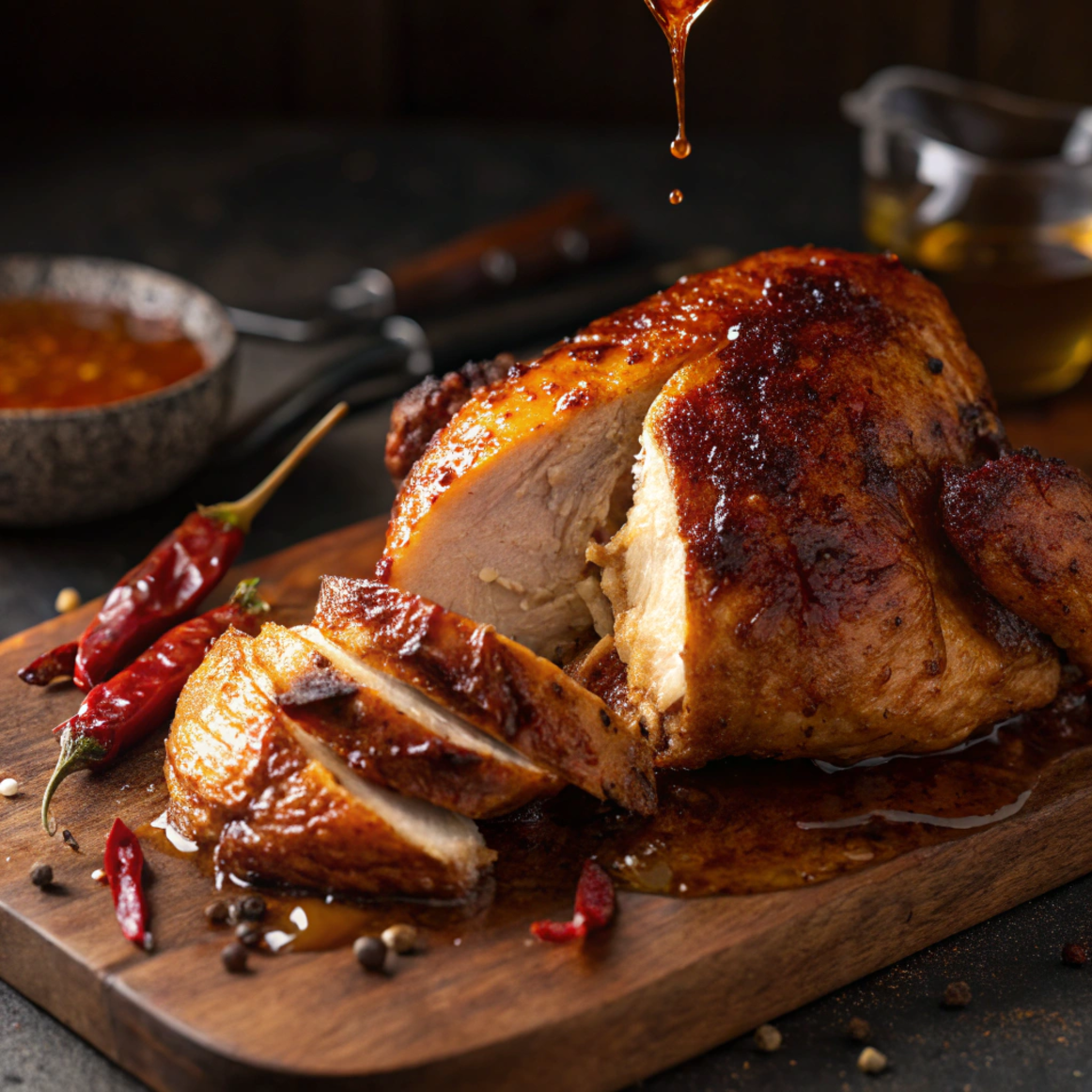 Hot honey half-roast chicken with crispy caramelized skin and glossy sweet-spicy glaze