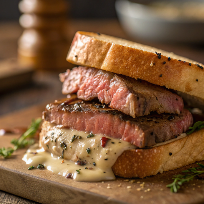 Close-up of a creamy peppercorn steak sandwich with sliced steak, thick peppercorn sauce, and toasted brioche bun.