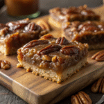Close up of a Lazy Girl Pecan Pie Bars showing the gooey caramel filling and buttery shortbread crust.