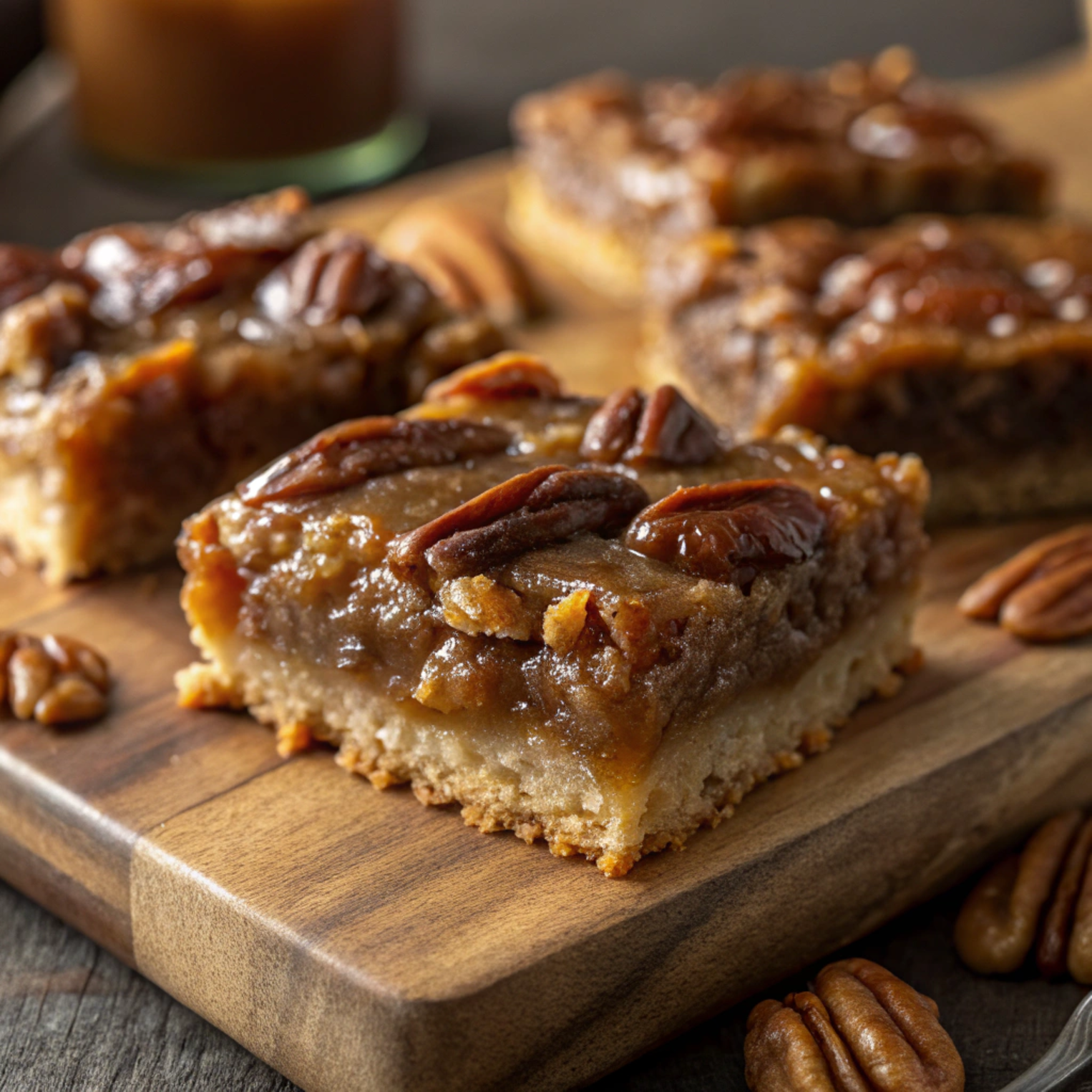 Close up of a Lazy Girl Pecan Pie Bars showing the gooey caramel filling and buttery shortbread crust.