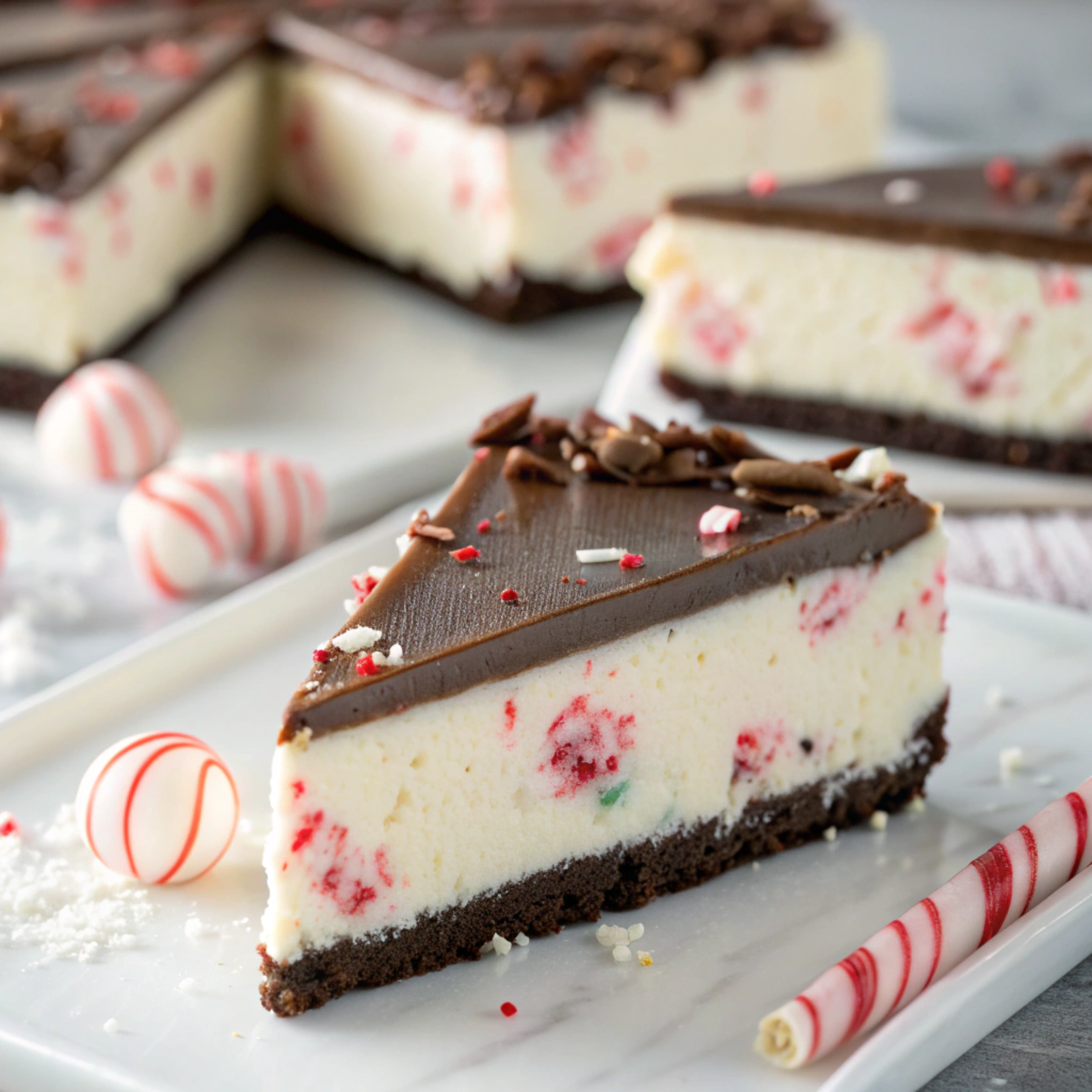 No-bake peppermint cheesecake with creamy filling, chocolate crust, and festive peppermint topping