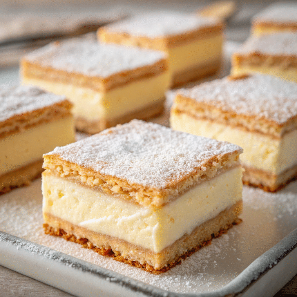 Close-up shot of Vanilla Custard Cream Squares with thick vanilla bean custard and flaky puff pastry.